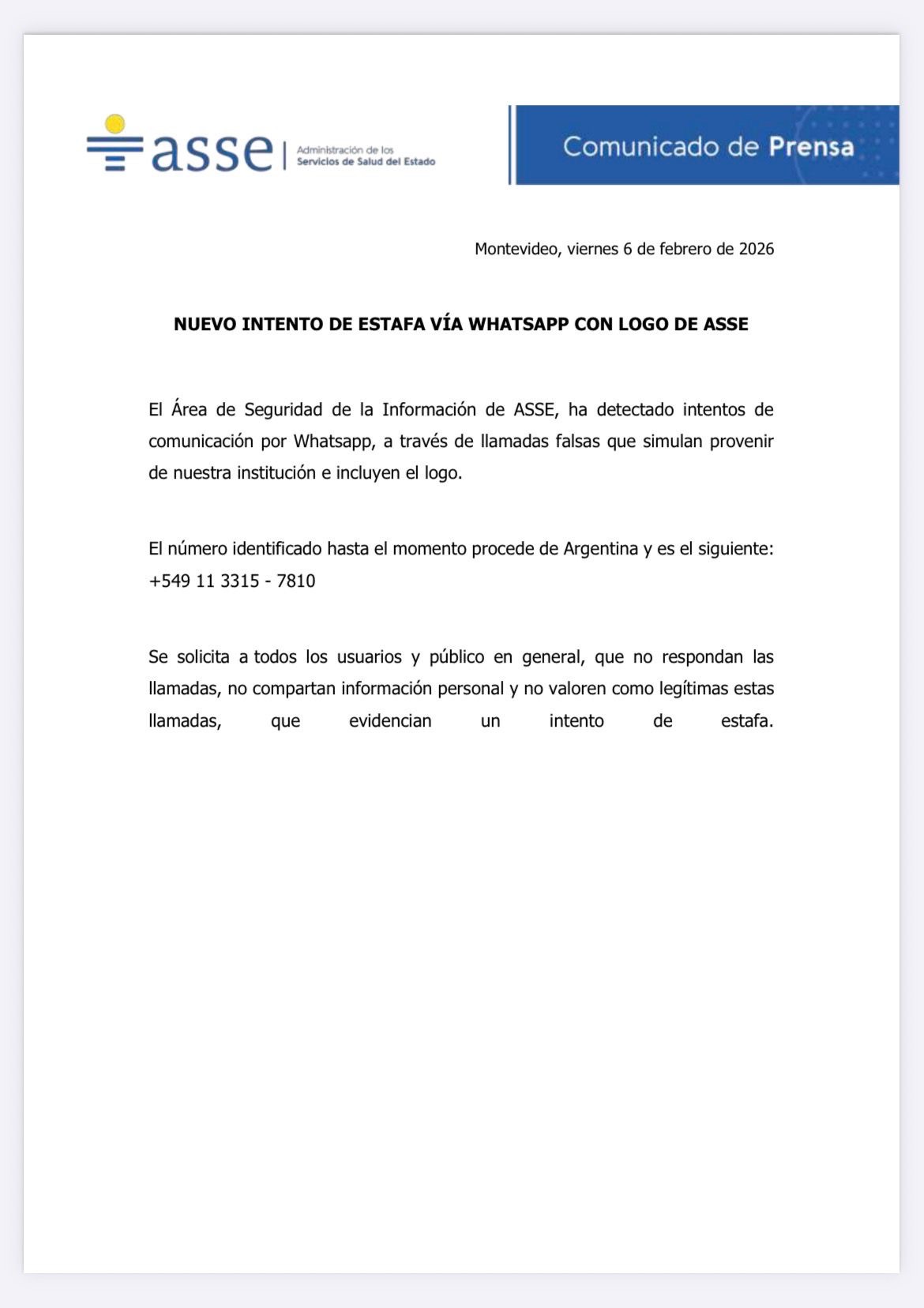 ASSE advierte por intentos de estafa vía WhatsApp utilizando su logo ...